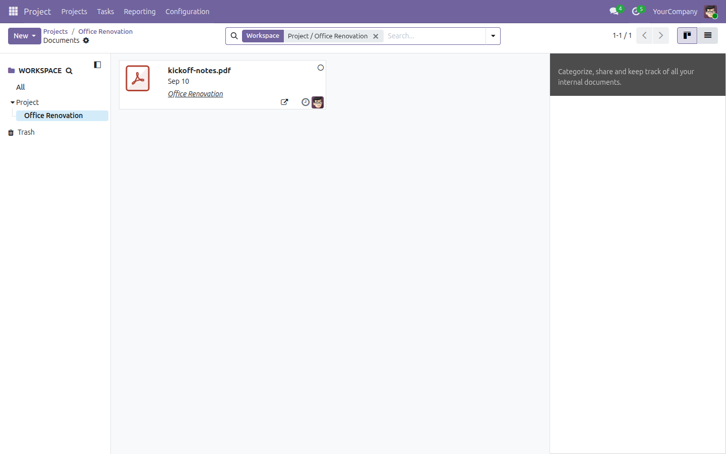 The Documents app workspace tree showing Project greater than Office Renovation, with kickoff-notes.pdf filed inside.