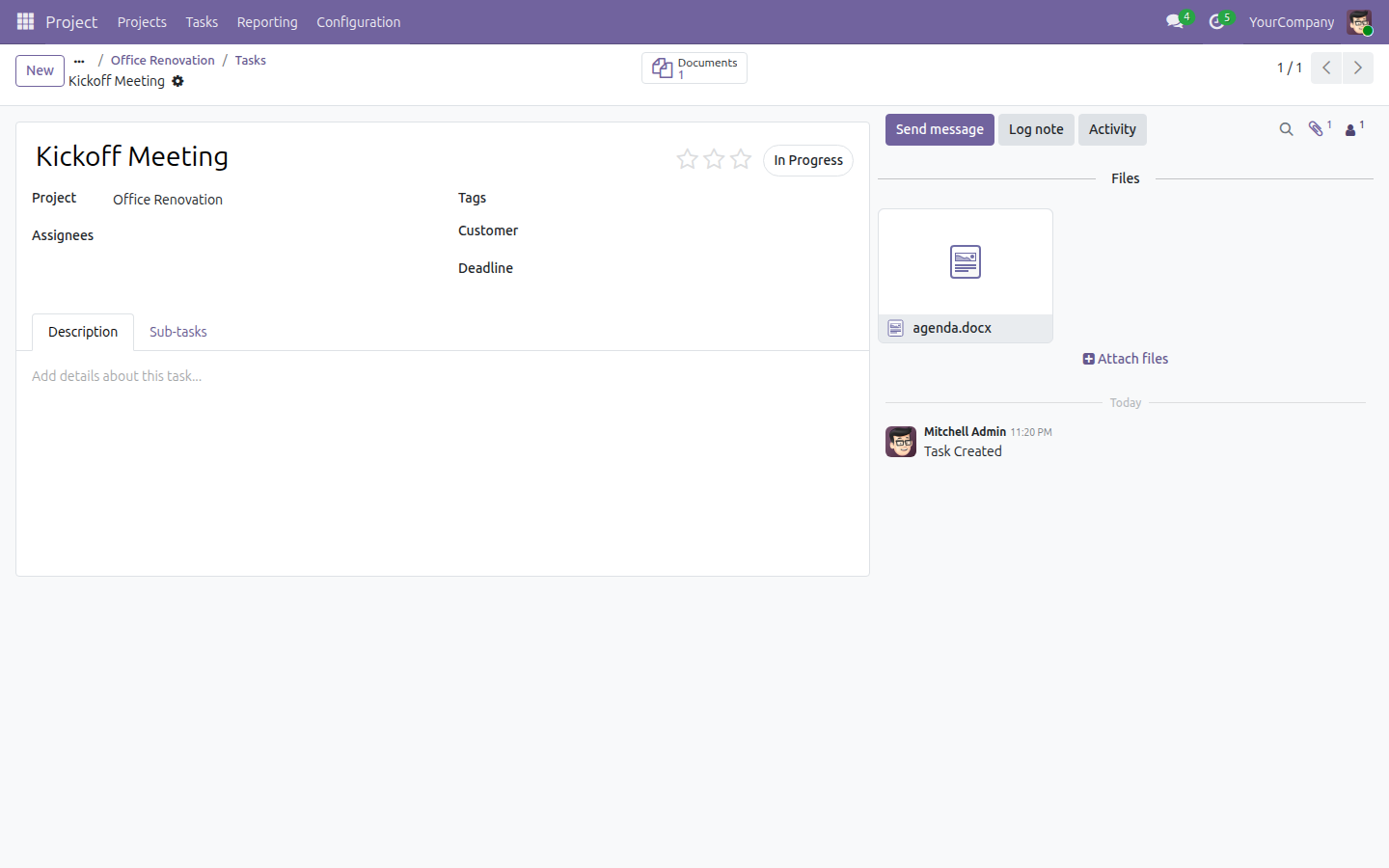 The Kickoff Meeting Task form's Documents stat button badged 1, showing only the task's own file.