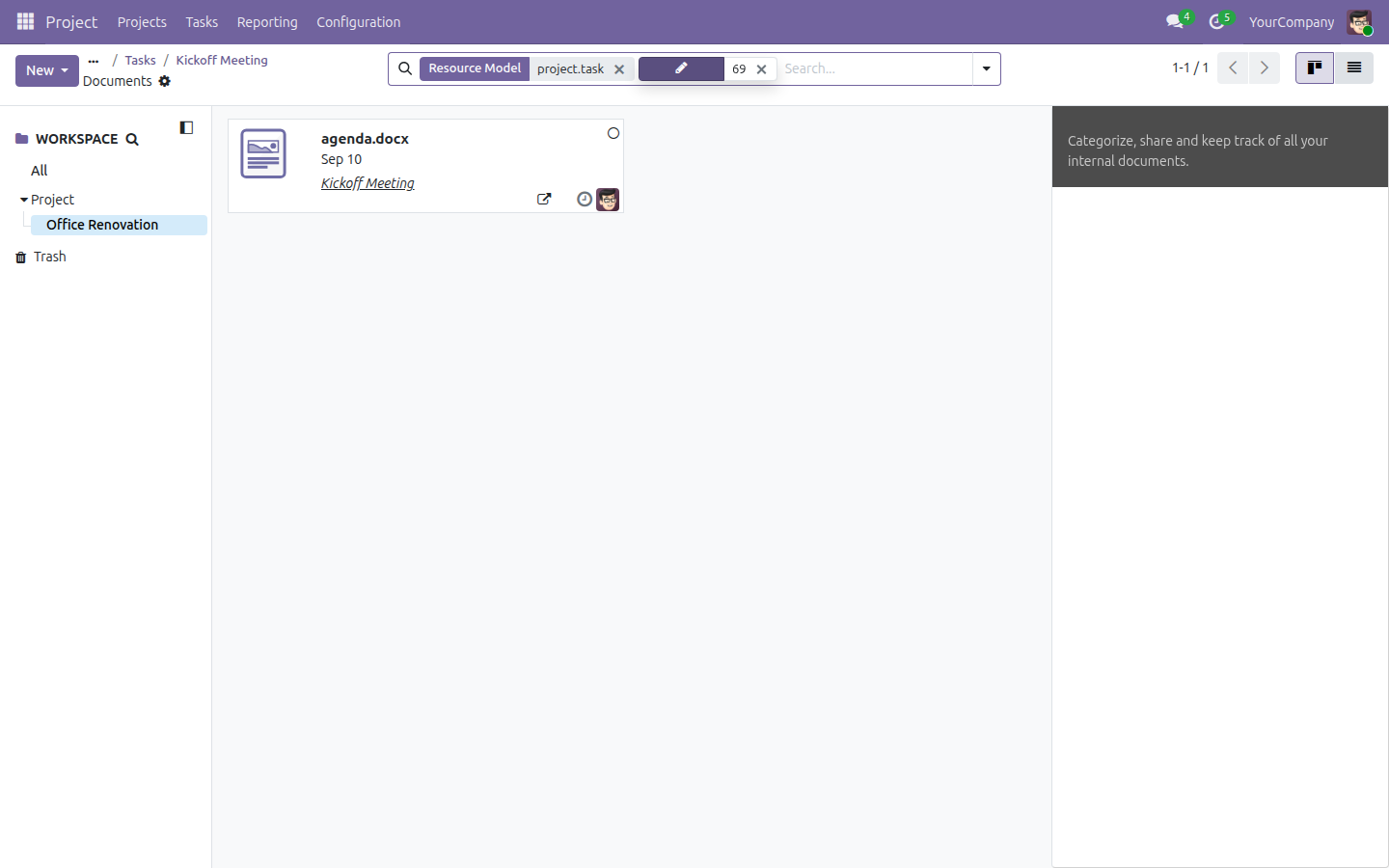 The Documents app filtered to the Kickoff Meeting task's own attachment, agenda.docx, showing it filed under Project slash Office Renovation.