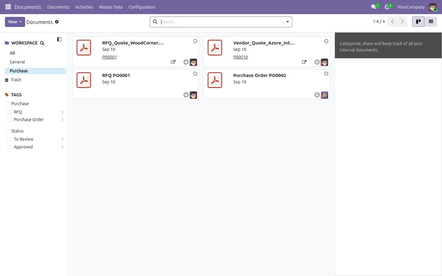 The Documents app kanban filtered to the Purchase workspace, showing newly filed vendor quotes