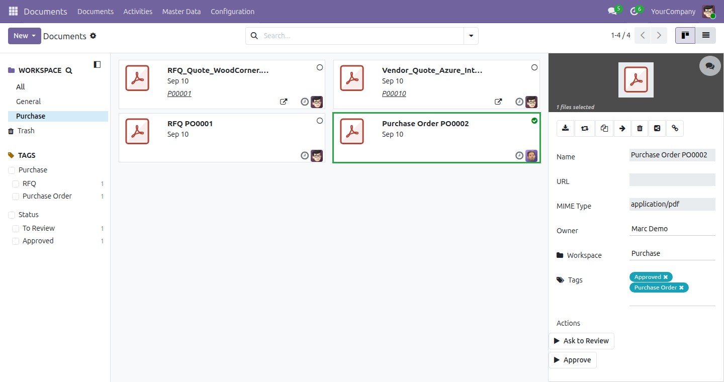 Documents - Purchase: the Purchase workspace with filed order paperwork