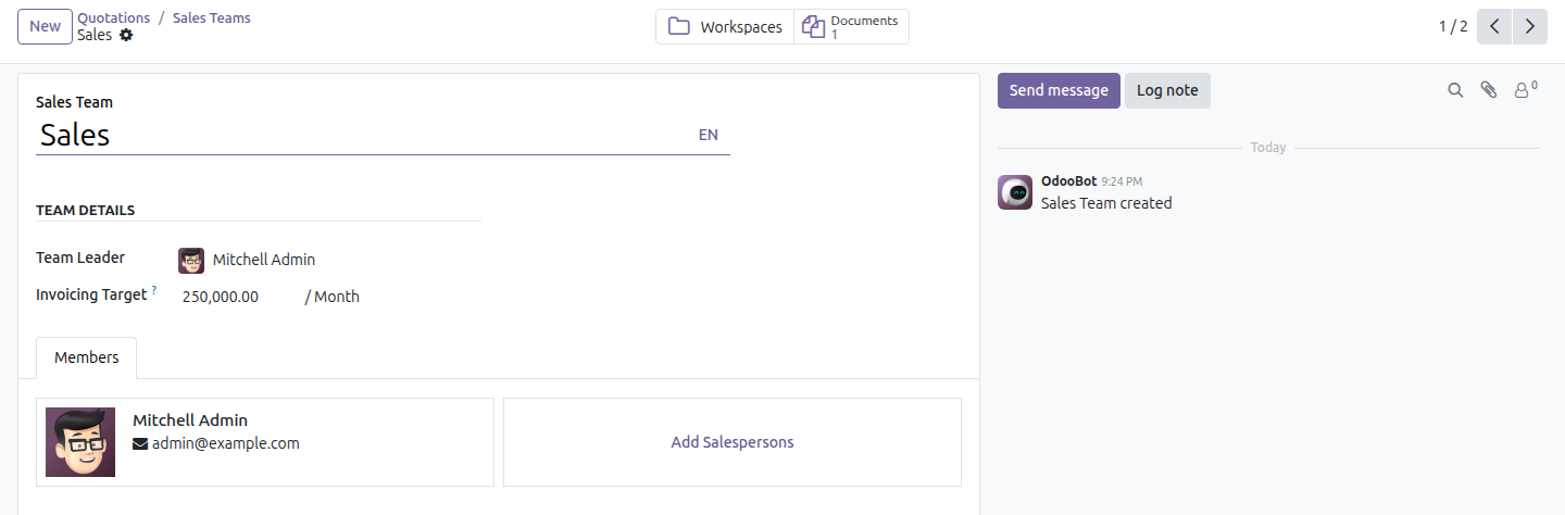The Sales Team form for team Sales with the Workspaces and Documents smart buttons visible in the button box.