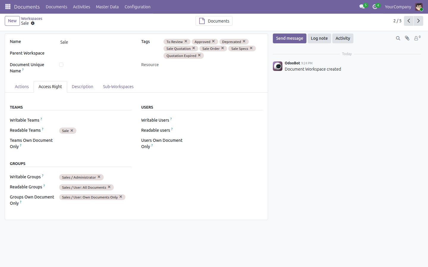 Sale folder form, Access Right tab, showing its Writable and Readable Groups and Teams