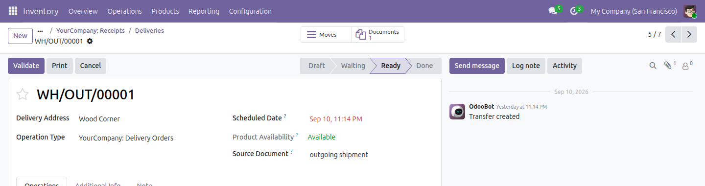 A Delivery transfer form with the Documents smart button showing a count of 1