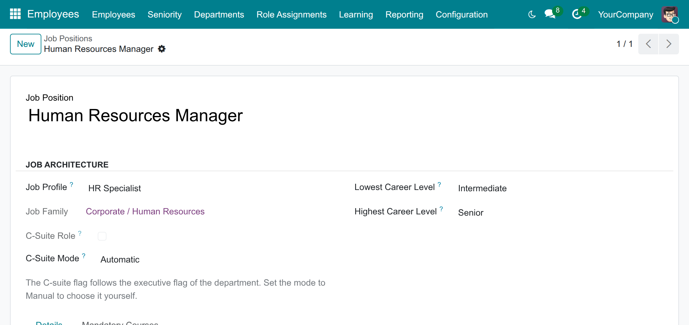 A job position in Automatic C-suite mode, with the C-Suite Role box read-only