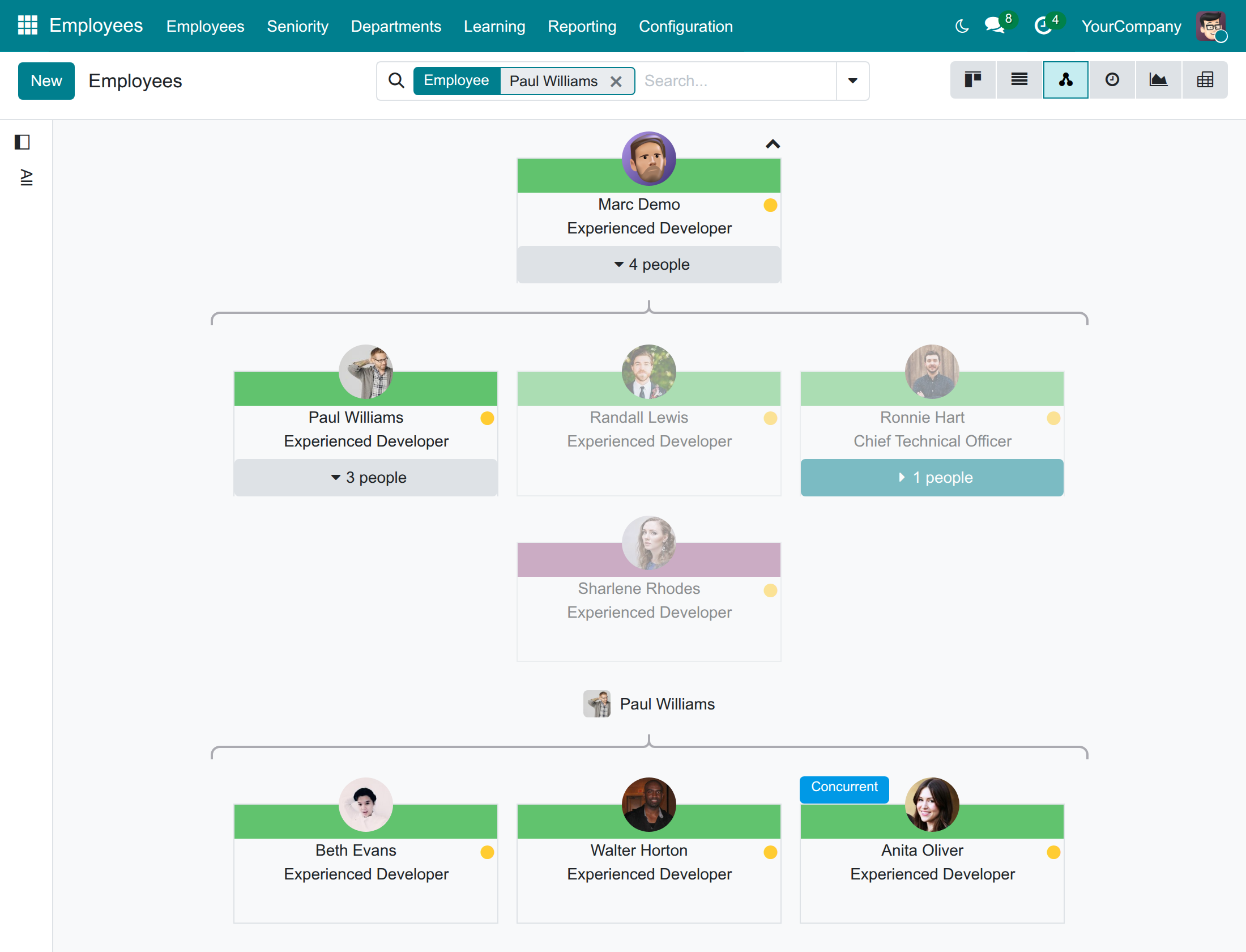 Multiple Job Positions: the org chart with a Concurrent badge under the concurrent manager