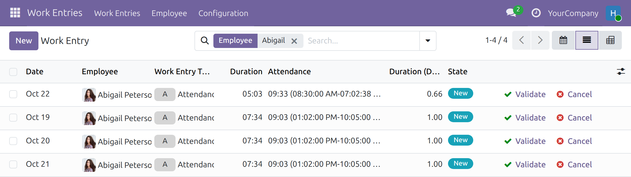 The work entries of an employee with their attendance