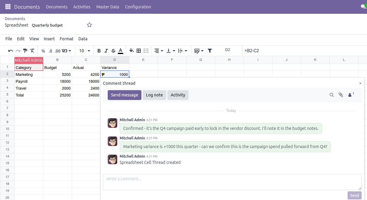 An open comment thread anchored on cell D2 of the spreadsheet, showing a question about the marketing variance, a reply confirming the cause, and the message composer, with a comment flag icon showing on the cell itself.