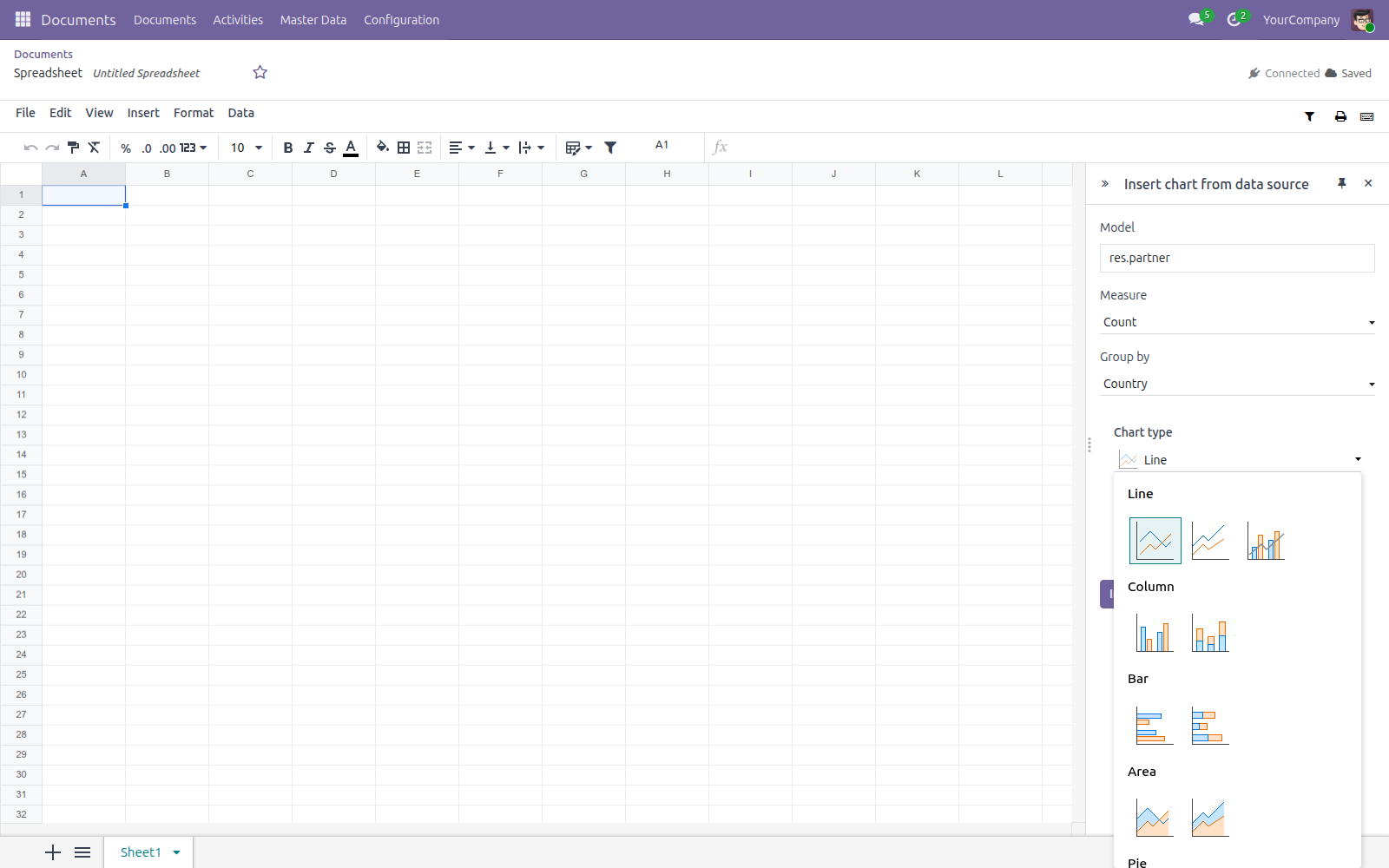 The Chart type gallery open over the data-source panel, showing the Line, Column, Bar, and Area groups, each offering several shapes to pick from.