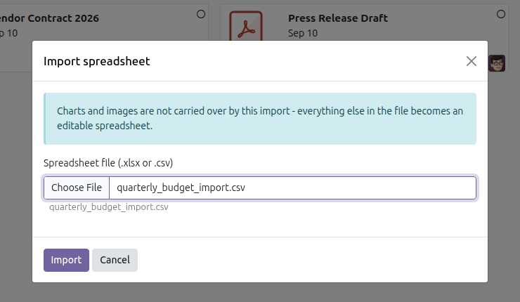 The Import spreadsheet dialog with a local CSV file selected under Spreadsheet file, and a notice that charts and images are not carried over by the import.
