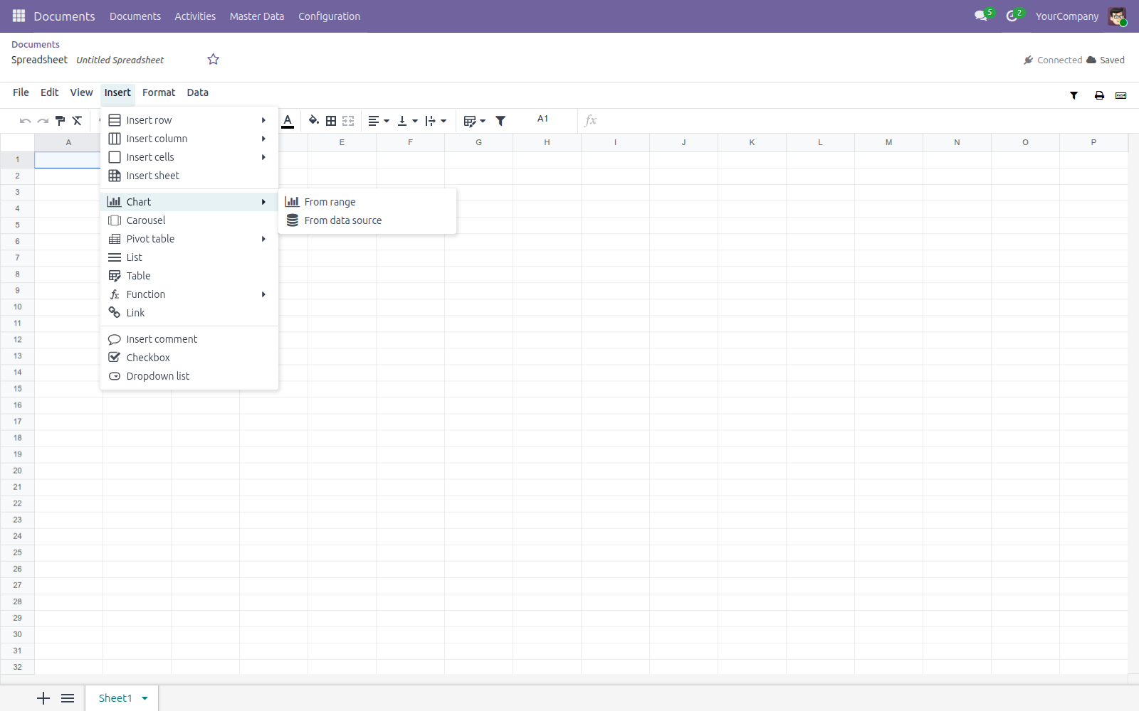 The Insert menu with Chart expanded, showing From range and From data source side by side.