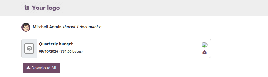 The page an anonymous link recipient sees with no Odoo login: "Mitchell Admin shared 1 documents", the Quarterly budget document listed with its date and size, and a Download All button.