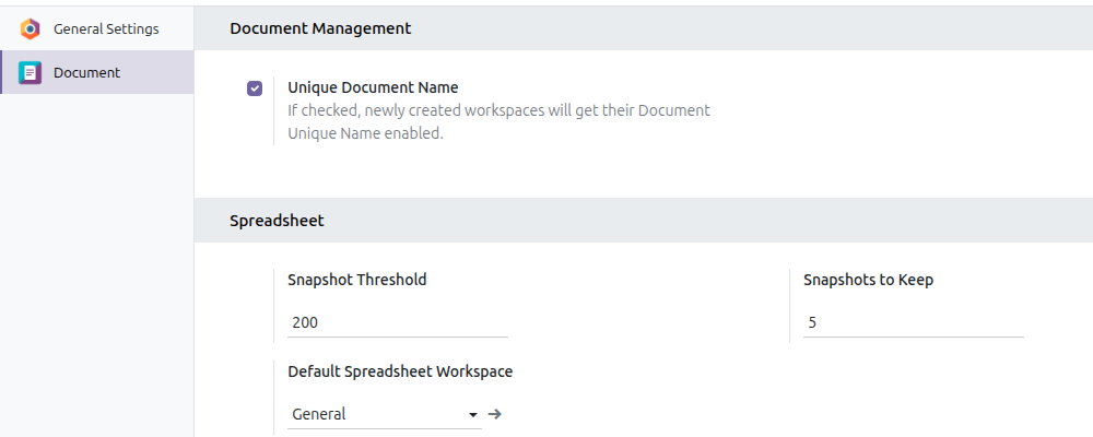 The Document tab of Settings, showing the Spreadsheet block with Snapshot Threshold, Snapshots to Keep, and Default Spreadsheet Workspace filled in.