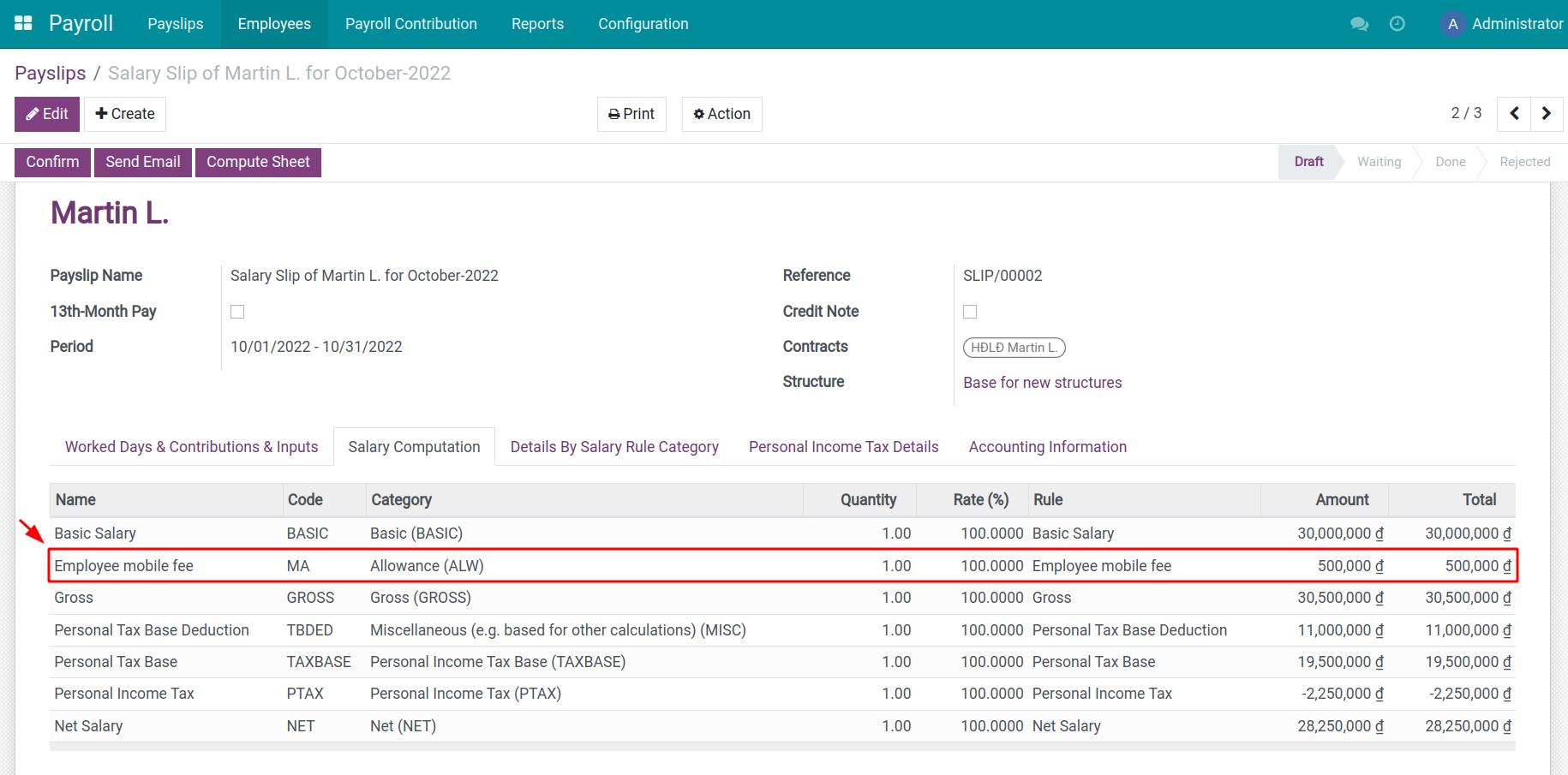 Register the expenses on a payslip Viindoo