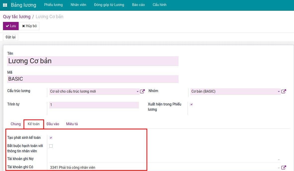 Thiết lập quy tắc kế toán cho các quy tắc lương