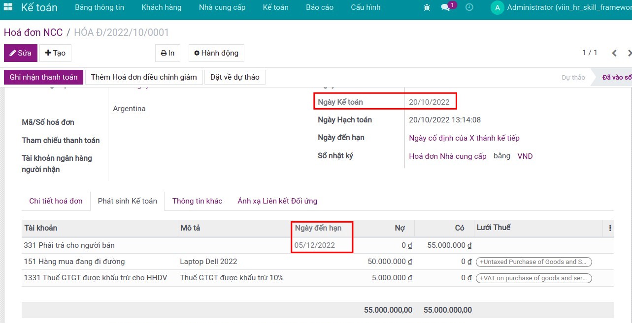 Ví dụ về điều khoản thanh toán cho ngày cố định của X tháng kế tiếp