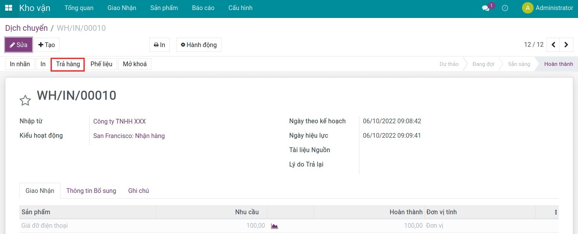 Thực hiện trả hàng