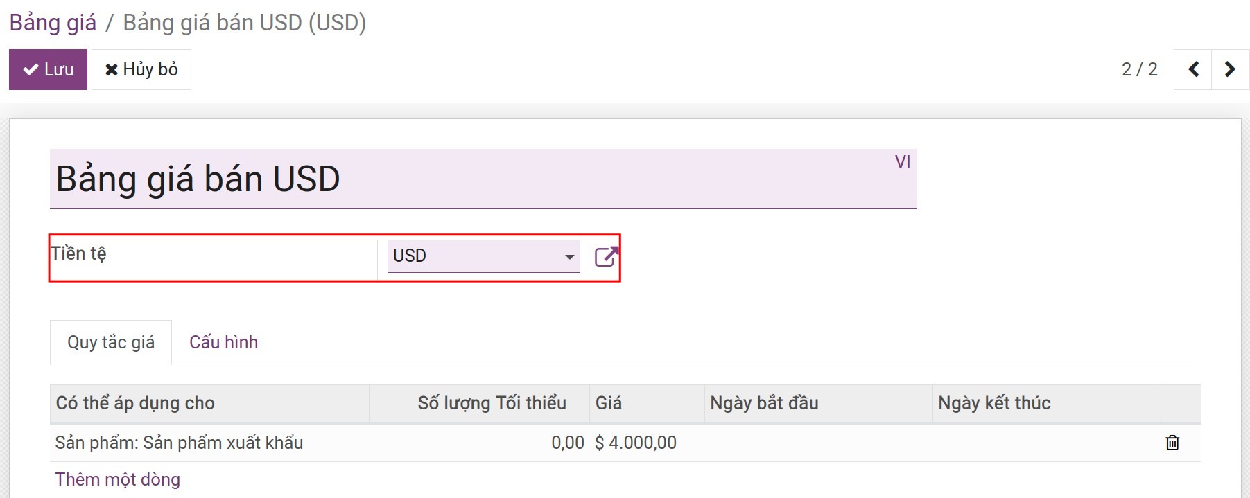 Thiết lập tiền tệ trên bảng giá xuất khẩu