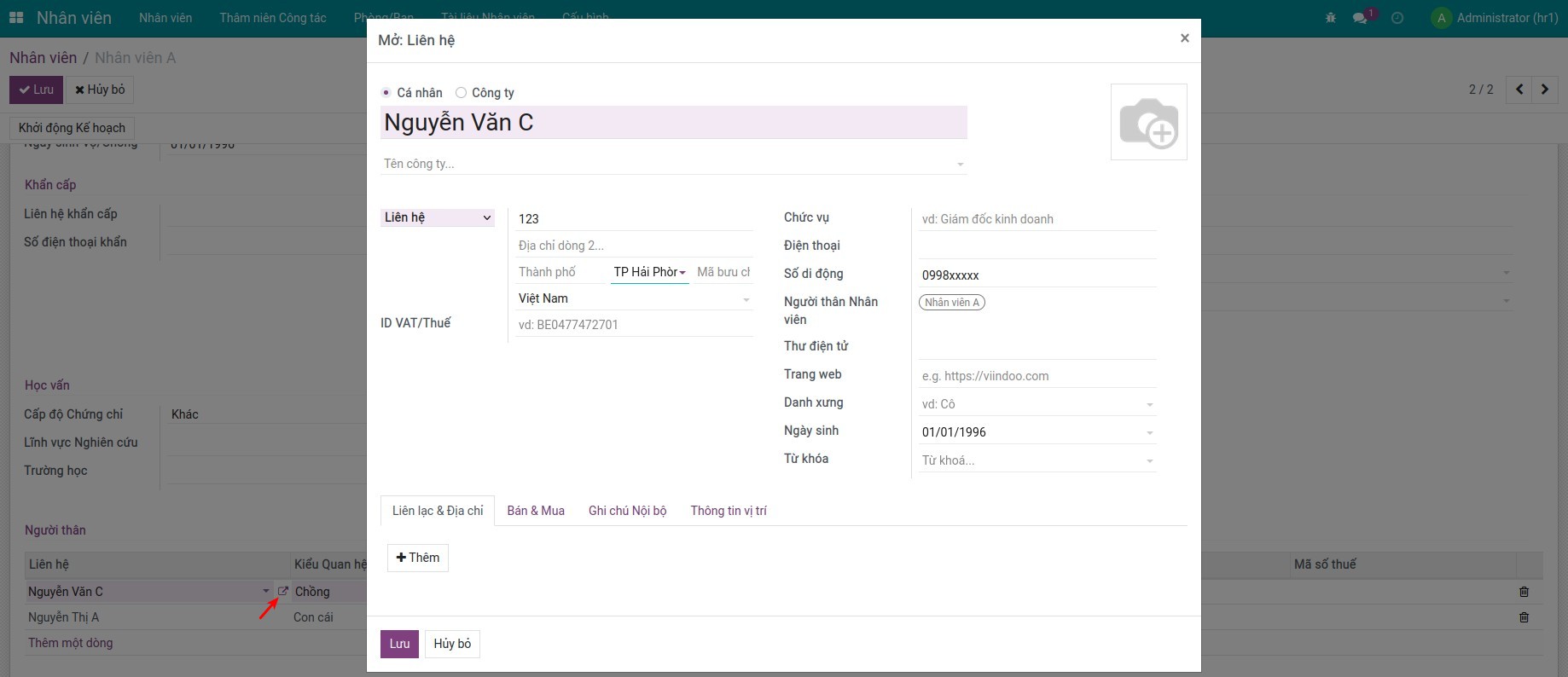 Thông tin chi tiết về liên hệ vợ/chồng nhân viên