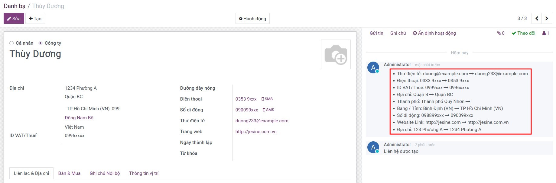 Ghi nhận lịch sử thay đổi thông tin của liên hệ