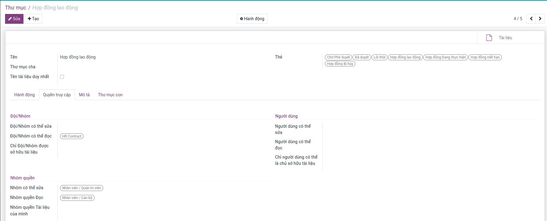 Phân quyền của Thư mục tài liệu mẫu