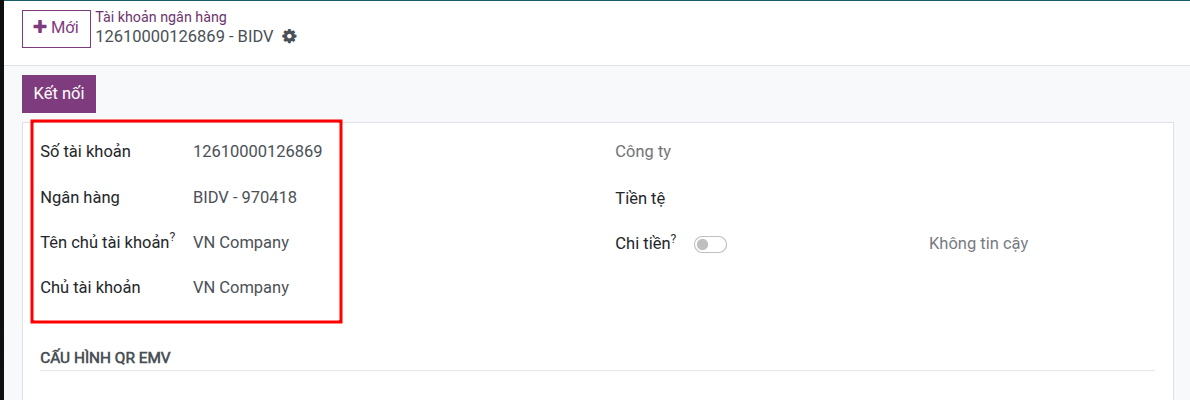 Cấu hình tài khoản ngân hàng BIDV