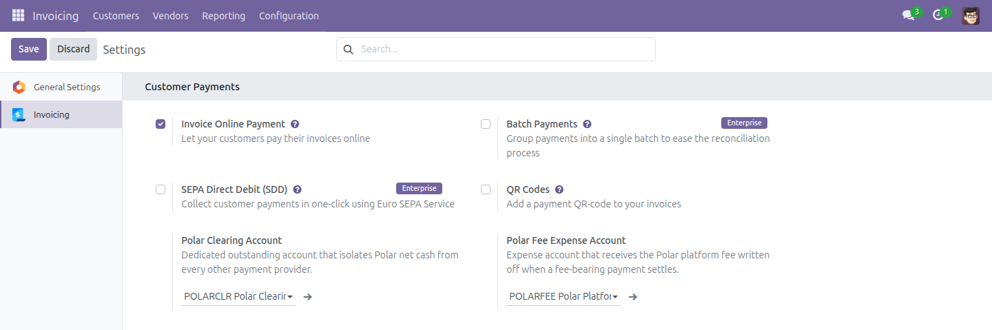Polar Clearing Account and Polar Fee Expense Account in Accounting Settings