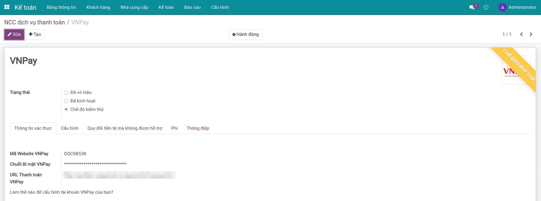 Thiết lập thông tin thanh toán VNPay