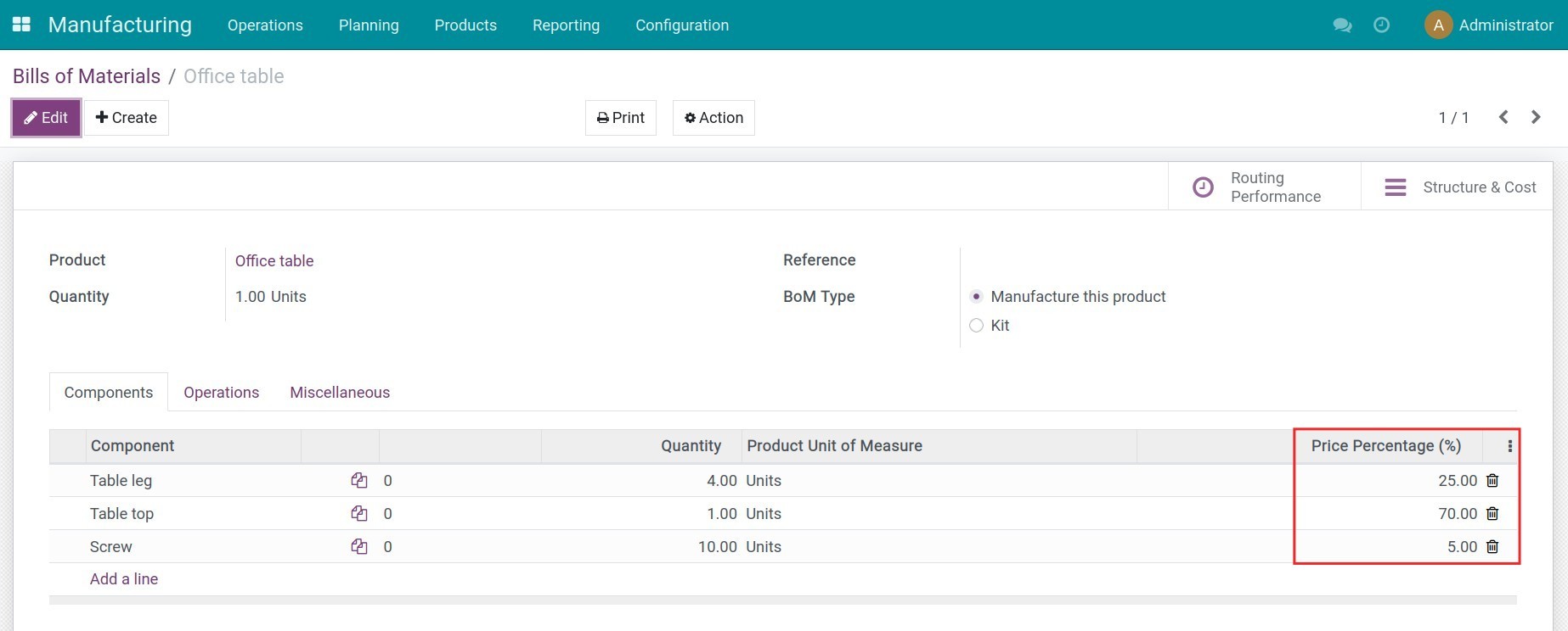 Component percentage on a BoM Viindoo