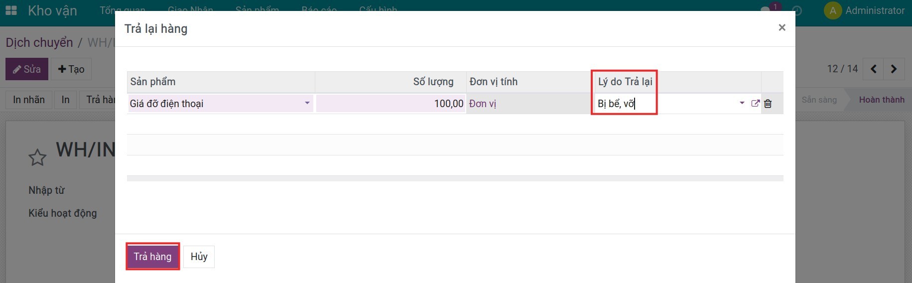 Chọn lý do trả hàng