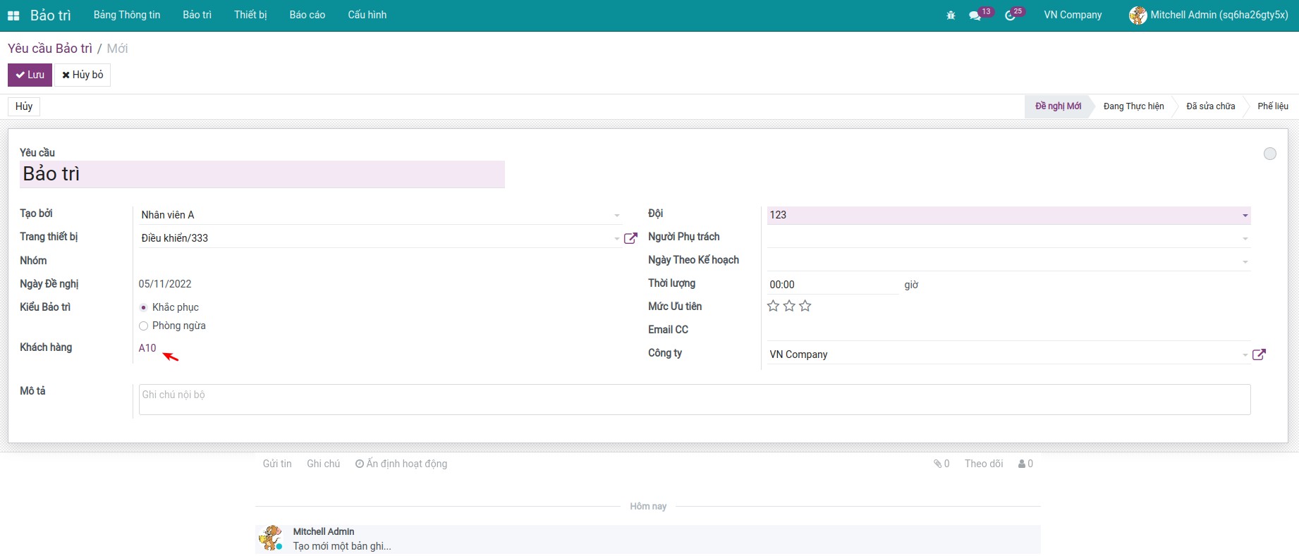 Tạo đơn bảo trì