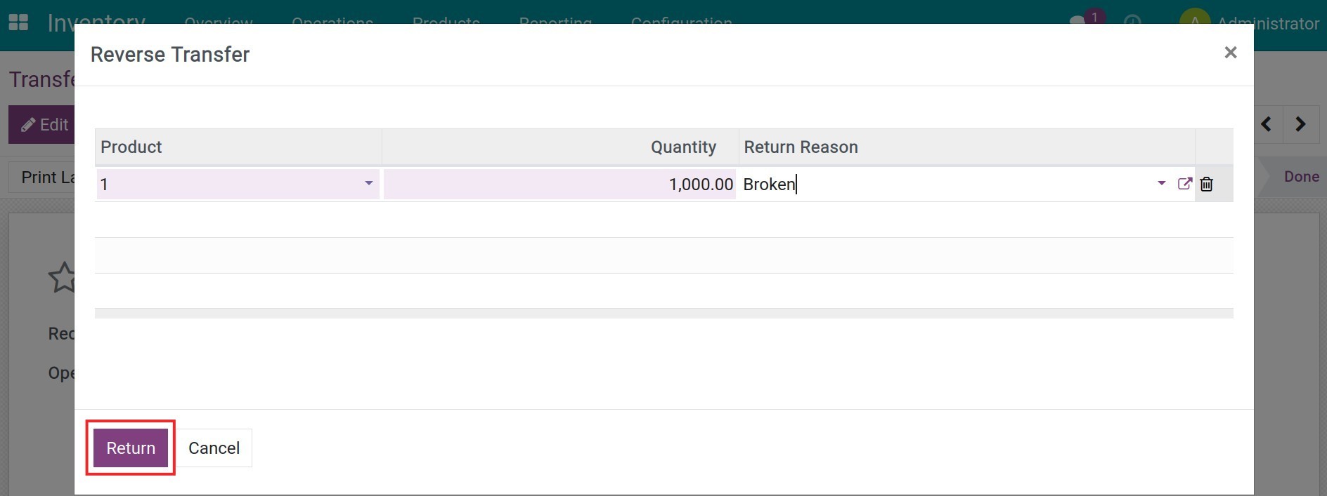 Select a return reason