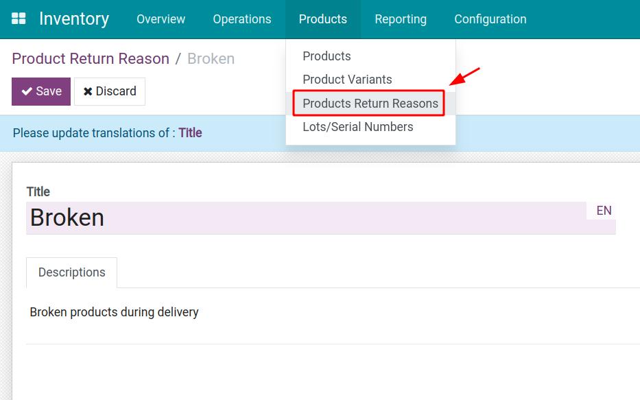 Create product return reasons