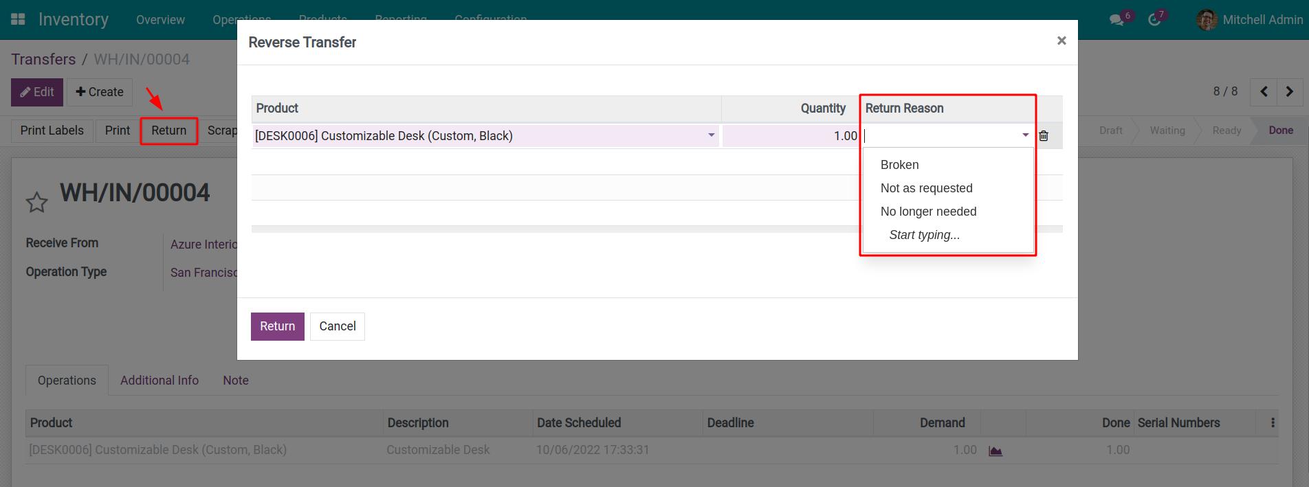 Select a return reason