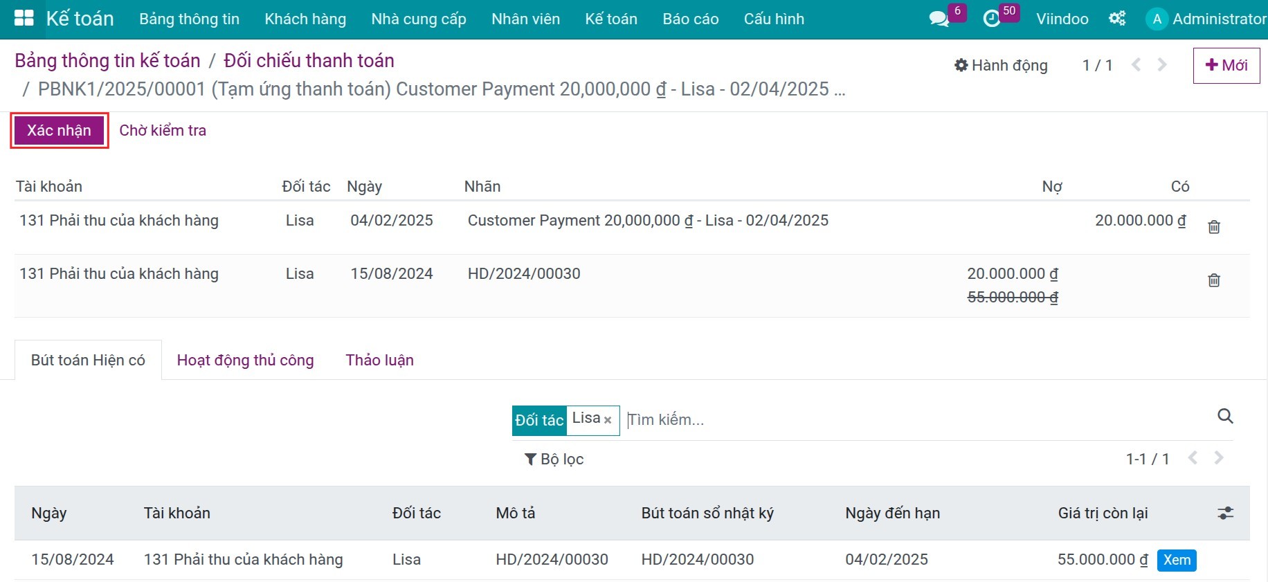 Reconciliation between customer's invoices and their payments.