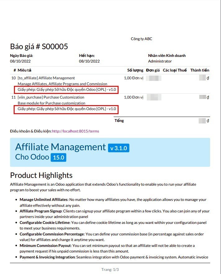 Hiển thị giấy phép trên bản báo cáo PDF đơn bán/báo giá