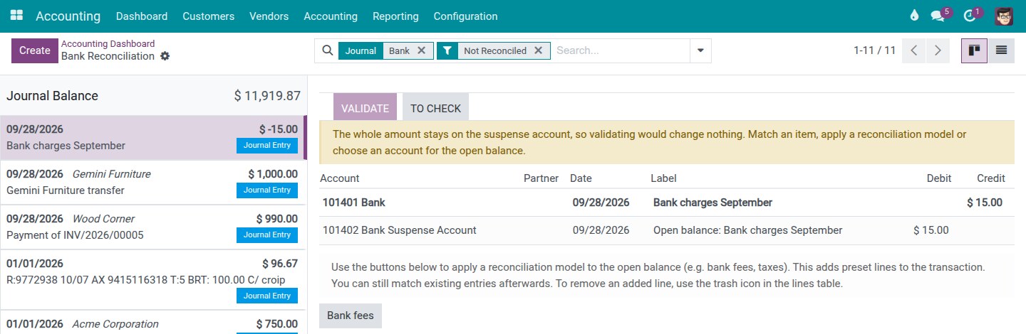 A bank fee transaction before any matching, with the message that nothing would be posted