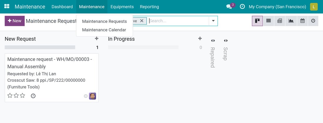 The Maintenance menu with the entry Maintenance Requests
