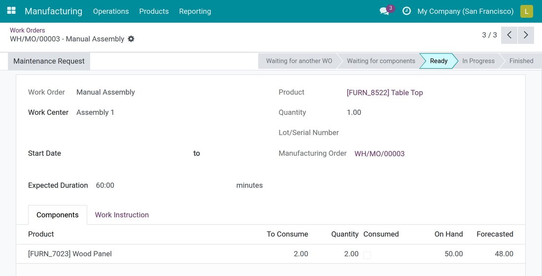 A work order with the Maintenance Request button at the top left