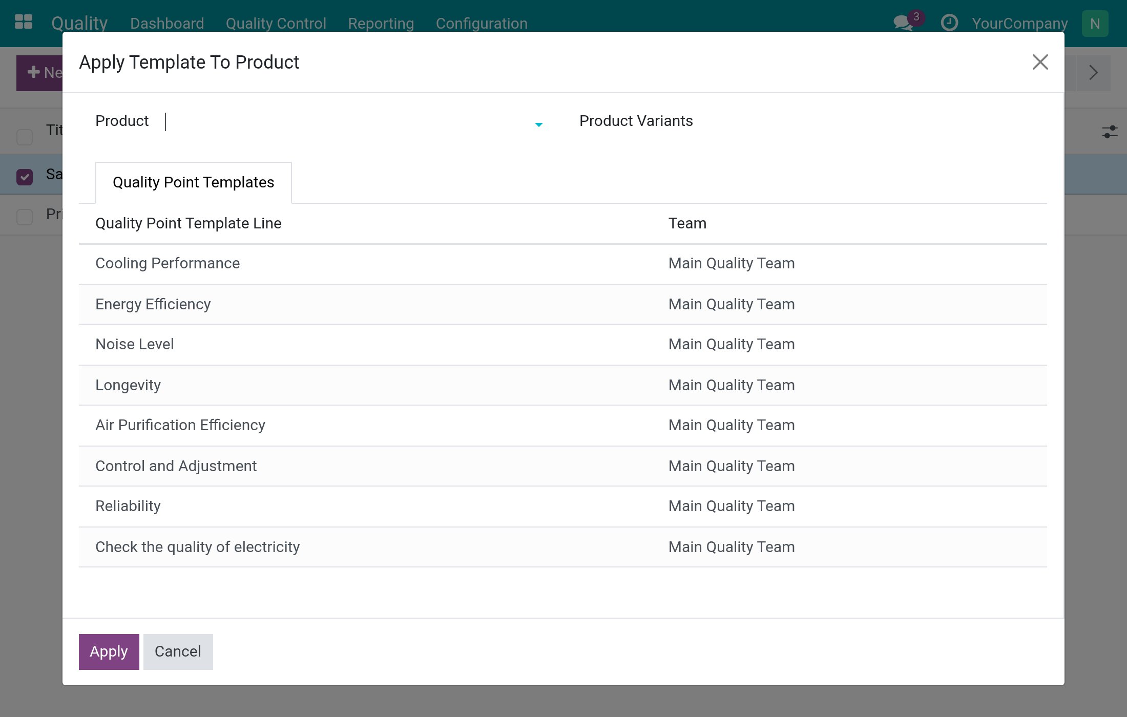 The Apply Template To Product window listing the template lines and their teams