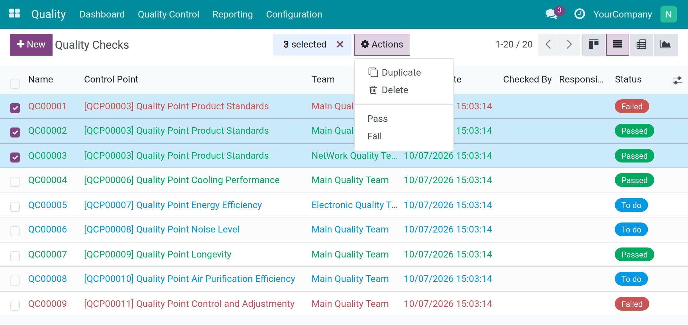Three checks selected in the list with Pass and Fail in the Actions menu
