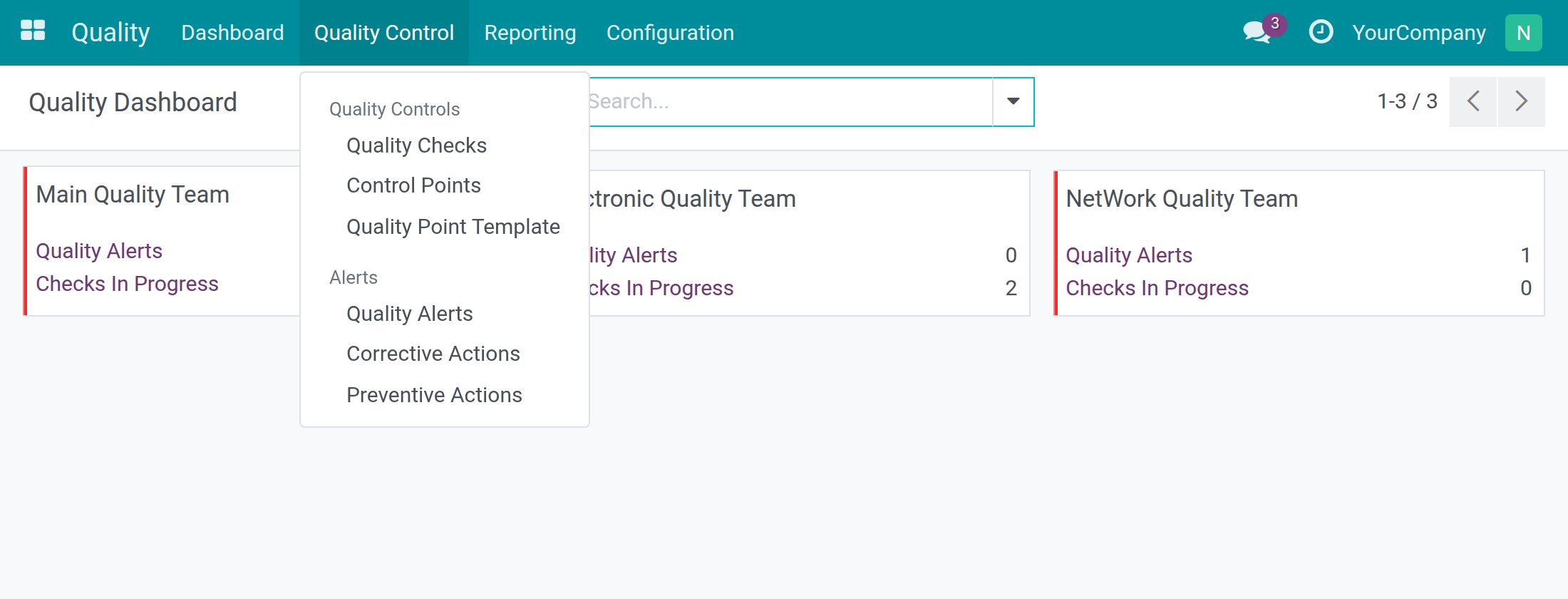 The Quality Control menu with Quality Checks, Control Points, Quality Point Template, Quality Alerts, Corrective Actions and Preventive Actions