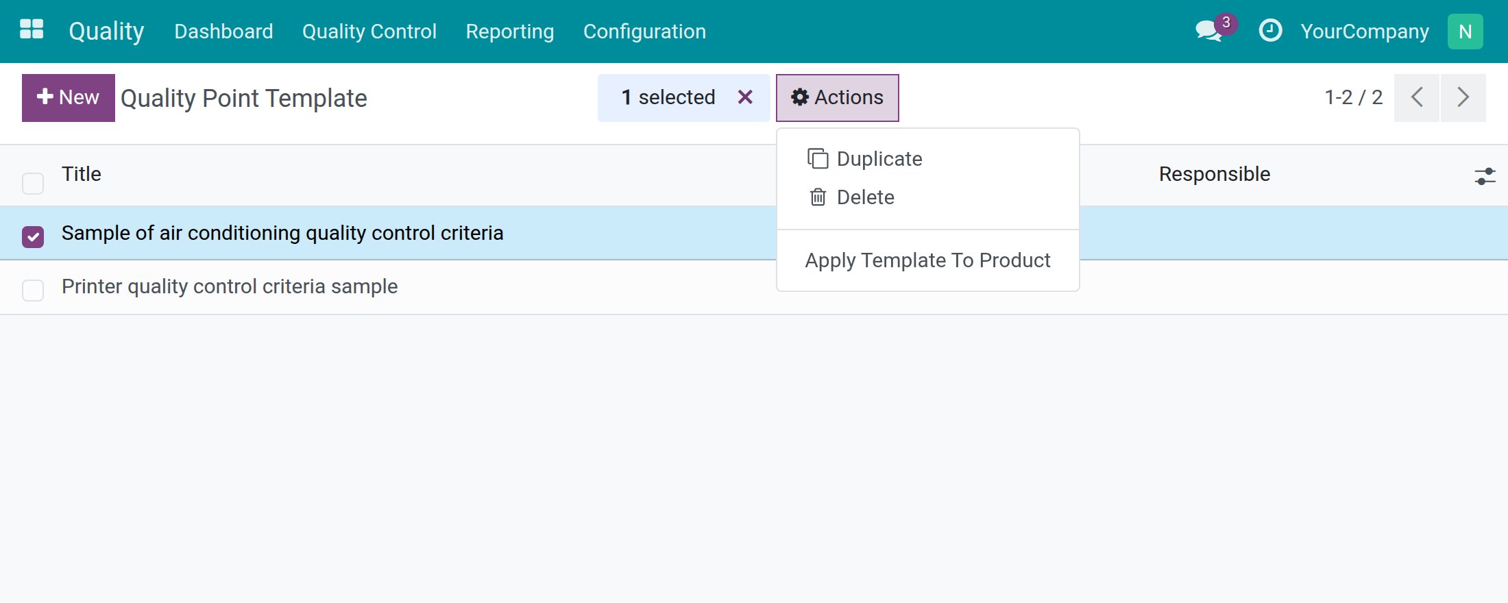 The Actions menu of the template list with Apply Template To Product
