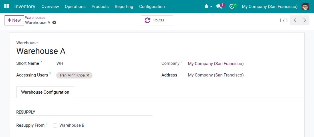 Warehouse form with the operator listed under Accessing Users