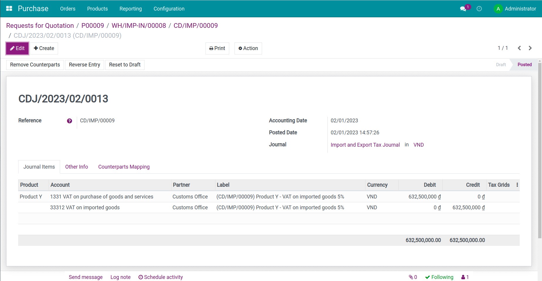 Entry to record VAT on deductible imported goods
