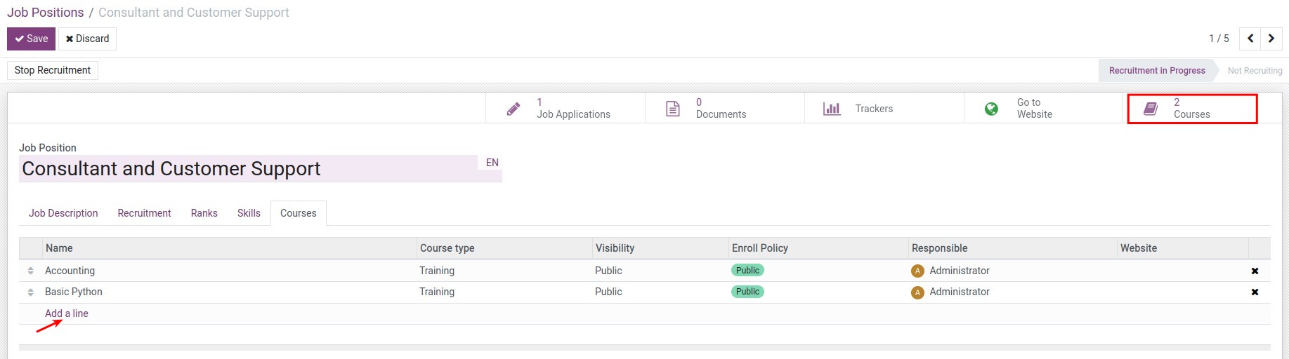 Manage the list of courses for each position