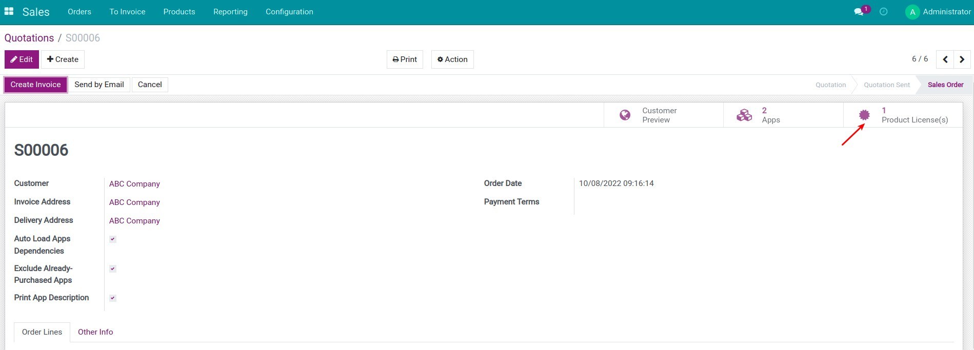 Statistics of the number of licenses per sales order