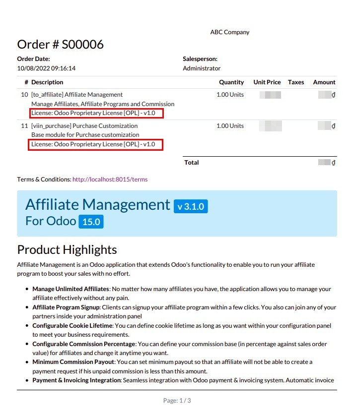 View license on the sale order/quotation PDF report