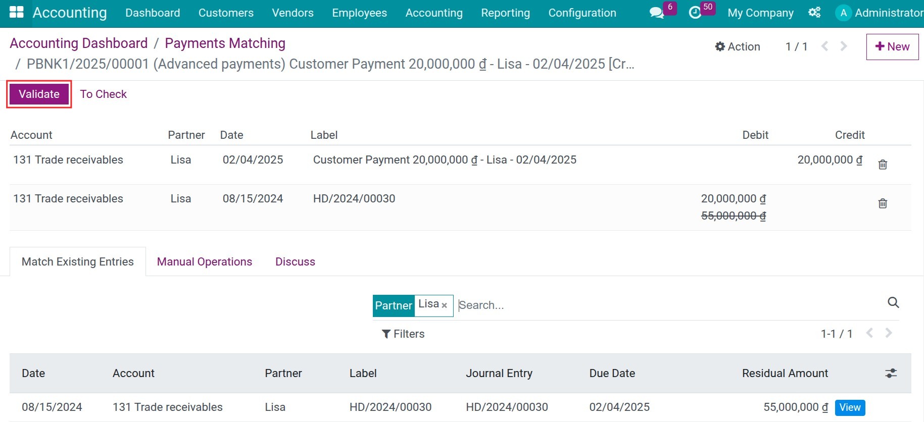 Reconciliation between customer's invoices and their payments.
