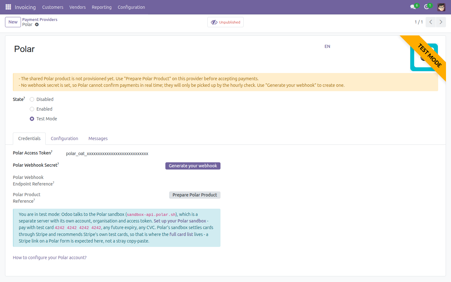Polar provider in Test Mode, with the Generate your webhook button, the sandbox notice and the configuration warning banner